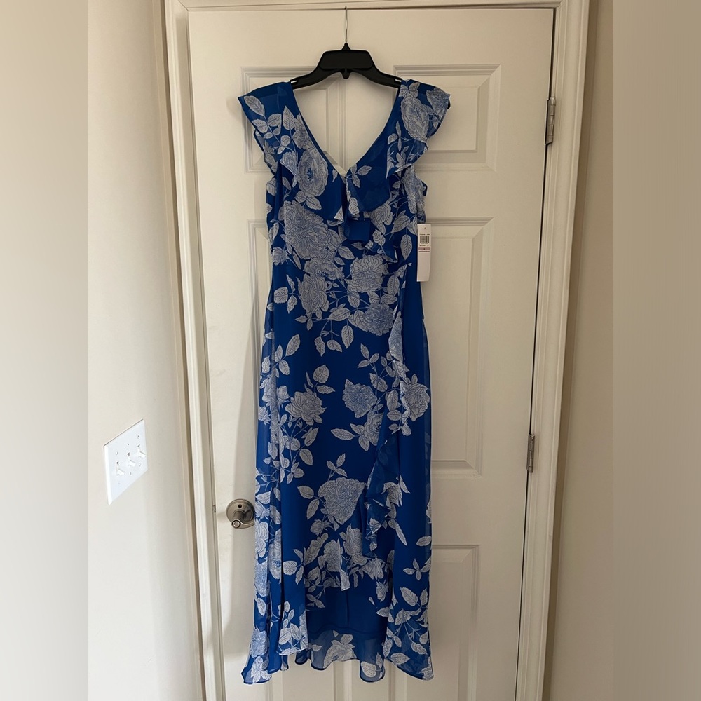 Brand New! Never Worn! London Times Royal Blue Printed Ruffled-Collar Maxi Dress